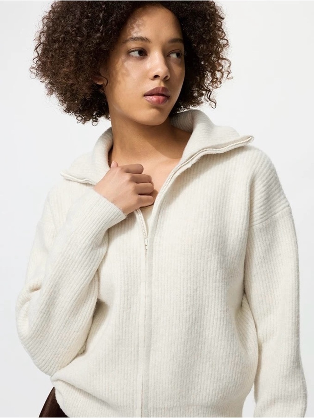 Uniqlo Cream Ribbed Zip Cardigan